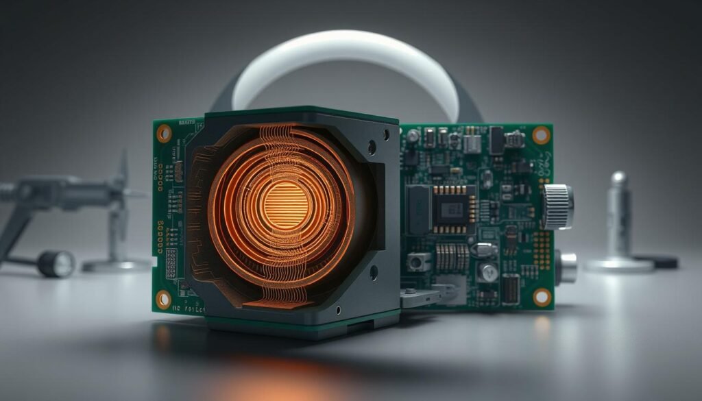 A highly detailed, cross-sectional view of a printed circuit board (PCB) undergoing via integrity analysis. The image showcases a precise, technical rendering with a clean, scientific aesthetic. The foreground prominently displays a magnified, multi-layered PCB cross-section, revealing the internal copper vias and surrounding dielectric materials in exquisite detail. The middle ground includes various measurement tools and instruments, conveying the analytical nature of the process. The background features a minimalist, muted gray gradient, placing the focus squarely on the PCB sample and the meticulous evaluation. Crisp lighting accentuates the structure's intricate features, while a shallow depth of field blurs the periphery, emphasizing the central subject. The overall mood is one of precision, quality control, and the rigorous verification of via integrity for mission-critical aerospace printed circuit board assemblies (PCBAs).