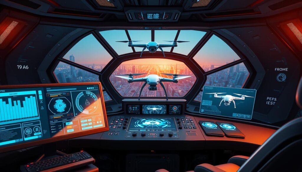 A highly detailed, futuristic drone command system dashboard, showcasing a sleek and customizable user interface. The foreground features a large, high-resolution display with advanced telemetry data, mission planning tools, and intuitive control interfaces. The middle ground presents a series of holographic panels, projecting real-time drone feeds and strategic overlays. The background is dominated by a panoramic window, offering a immersive, out-of-cockpit view of the drone operations area, bathed in warm, directional lighting. The overall atmosphere conveys a sense of precision, control, and technological sophistication essential for reliable ground control station operations. A highly detailed, futuristic drone command system dashboard, showcasing a sleek and customizable user interface. The foreground features a large, high-resolution display with advanced telemetry data, mission planning tools, and intuitive control interfaces. The middle ground presents a series of holographic panels, projecting real-time drone feeds and strategic overlays. The background is dominated by a panoramic window, offering a immersive, out-of-cockpit view of the drone operations area, bathed in warm, directional lighting. The overall atmosphere conveys a sense of precision, control, and technological sophistication essential for reliable ground control station operations.