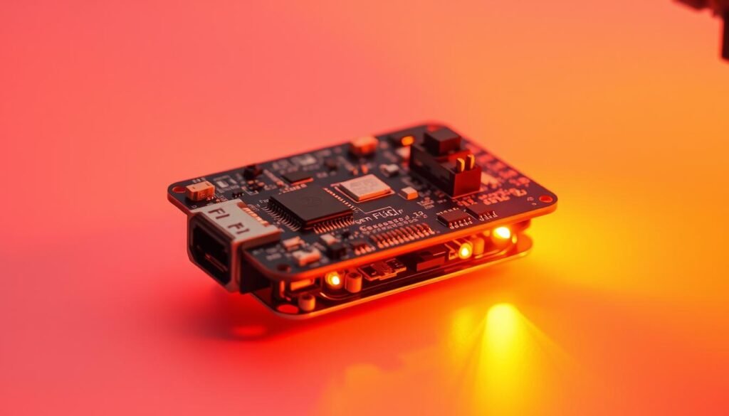 A highly detailed, precisely engineered power management PCB for a drone, bathed in warm, directional lighting that emphasizes its intricate circuitry and sleek, low-profile design. The board is displayed at a slight angle, revealing its multilayered construction and strategically placed components optimized for efficient power distribution and thermal management. The background is a clean, neutral environment that allows the PCB to be the focal point, showcasing its importance in enabling stable, reliable drone operation.