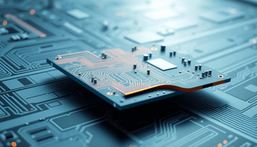 A highly detailed, technical diagram of a rigid-flex PCB design, showcasing its key principles and best practices. The design features sleek, minimalist lines and a cool, metallic color palette, evoking the precision and sophistication of avionics engineering. The foreground highlights the flexible circuit sections seamlessly transitioning into the rigid board areas, emphasizing the space-saving and weight-reducing advantages. The middle ground depicts the layered construction, with clear delineation of the copper traces, insulating materials, and support structures. The background subtly suggests a futuristic, aerospace-inspired environment, hinting at the advanced applications of this technology. Precise, evenly distributed lighting accentuates the technical details, while a low camera angle lends an authoritative, engineering-focused perspective.