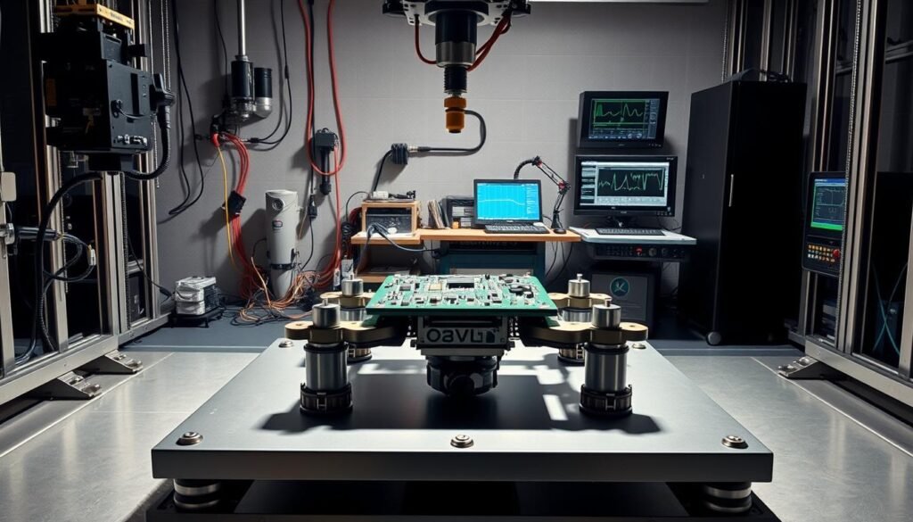 A highly detailed, technical diagram of a vibration test setup. In the foreground, a large, rigid vibration test platform, equipped with multiple accelerometers and force transducers. In the middle ground, the device under test - a drone PCB assembly - securely mounted on the platform. In the background, a control room with various instrumentation and monitoring equipment, including a digital oscilloscope, signal analyzer, and a workstation running vibration test software. The scene is illuminated by bright, directional lighting, casting sharp shadows and highlighting the precision engineering of the setup. The overall mood is one of scientific rigor and engineering excellence, befitting the high-G shock and vibration testing of critical drone electronics.