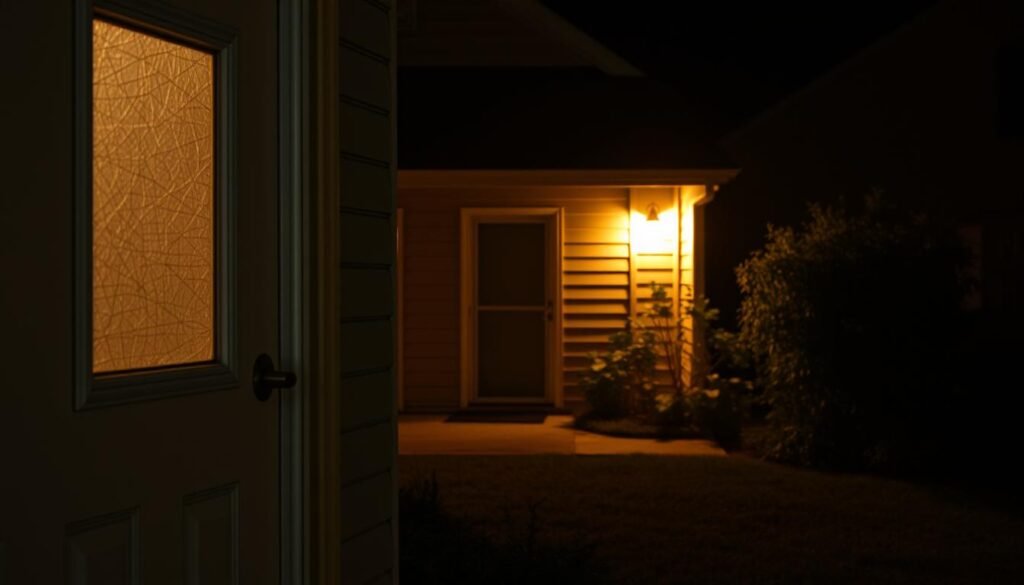 A home with various security vulnerabilities, illuminated by warm lighting and captured from a medium distance. In the foreground, an open door with a missing lock, and a window with an easily breakable pane. The middle ground showcases an unsecured garage door and a side entrance with a damaged frame. The background depicts a dimly lit yard with overgrown vegetation, providing potential cover for intruders. The scene conveys a sense of neglect and lack of attention to home security measures, highlighting areas that require immediate assessment and improvement.