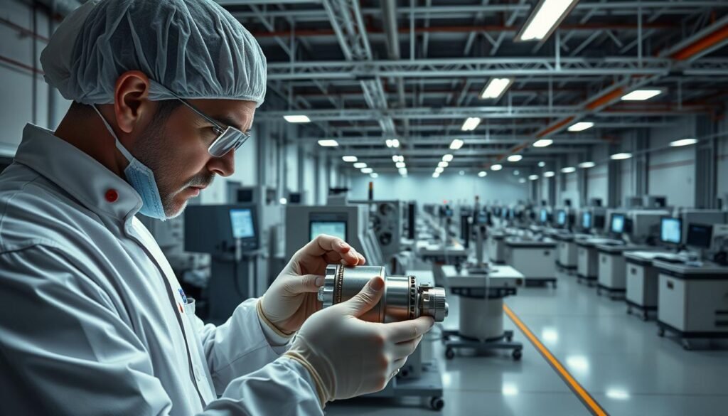 A meticulously detailed aerospace component verification process unfolds in a state-of-the-art laboratory setting. In the foreground, an engineer in a clean-room suit closely examines a sleek, metallic component under the soft glow of LED task lighting. In the middle ground, advanced testing equipment and measurement tools are strategically arranged, their digital displays providing critical data. The background showcases a panoramic view of the facility, with rows of workstations and specialized machinery, all bathed in a cool, technical ambiance evoked by muted tones and precise, angular architectural elements. This image conveys the rigor, precision, and commitment to quality inherent in the aerospace supply chain's counterfeit risk management practices.
