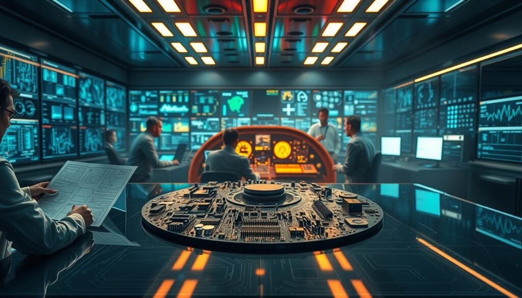 A meticulously detailed avionics PCBA planning process unfolding against a sleek, futuristic backdrop. In the foreground, engineers scrutinize circuit schematics and component layouts under the warm glow of task lighting. In the middle ground, 3D models of the board rotate, revealing intricate interconnections. In the background, a vast array of monitors display simulation results and design review data, casting a cool, technical ambiance. Subtle reflections on glossy surfaces and crisp shadows create depth and dimension, while a subtle haze suggests the precise, controlled environment of a state-of-the-art electronics lab. The overall scene conveys the rigor, complexity, and high-stakes nature of modern avionics PCBA development.