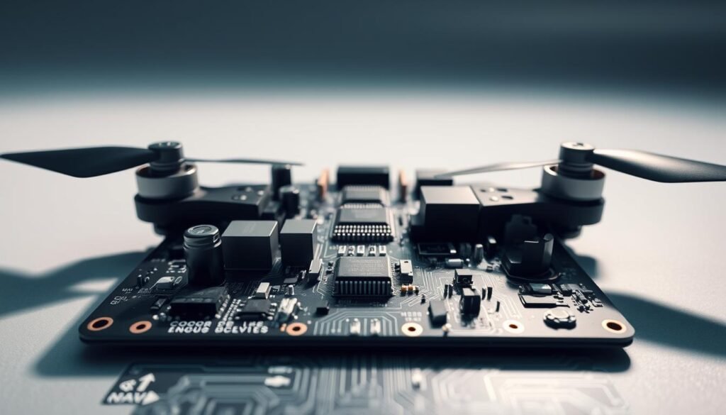 A precision drone PCBA design, showcasing intricate circuitry and advanced components. The foreground features a detailed, close-up view of the circuit board, with precisely arranged surface-mounted chips, capacitors, and resistors. The middle ground reveals the board's intricate layout, highlighting the thoughtful placement of interconnected traces and vias. In the background, a minimalist, technical-looking environment, with a soft, muted palette, accentuates the board's engineering prowess. Dramatic lighting casts shadows that emphasize the board's three-dimensional complexity, conveying a sense of sophisticated, high-performance drone technology.