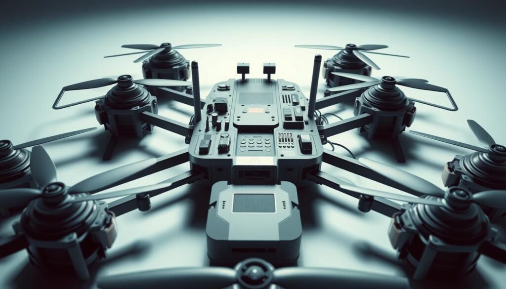 A sleek and futuristic drone swarm communication hardware, with a minimalist, high-tech aesthetic. The main focal point is a central control module, featuring an array of advanced sensors, antennas, and data processing units. Surrounding it, a cluster of interconnected drone units, each with their own compact communication hubs, seamlessly transmitting and receiving data. The overall composition has a sense of coordination and efficiency, as if the hardware is designed to facilitate the seamless operation of a drone swarm. The lighting is cool and directional, casting dramatic shadows that accentuate the angular, precise design. The scene is captured from a slightly elevated, three-quarter angle, conveying a sense of technological prowess and capability.