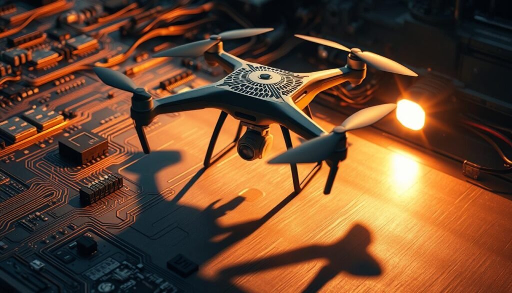 A sleek, drone hovering amidst a maze of electronic circuits and wires, casting intricate shadows across a metallic surface. The drone's exterior is adorned with intricate EMI shielding panels, reflecting the importance of protection against electromagnetic interference. The scene is illuminated by a warm, directional light, emphasizing the technical details and the drone's strategic positioning. The background fades into a subdued, industrial atmosphere, accentuating the drone's crucial role in navigating challenging RF environments.