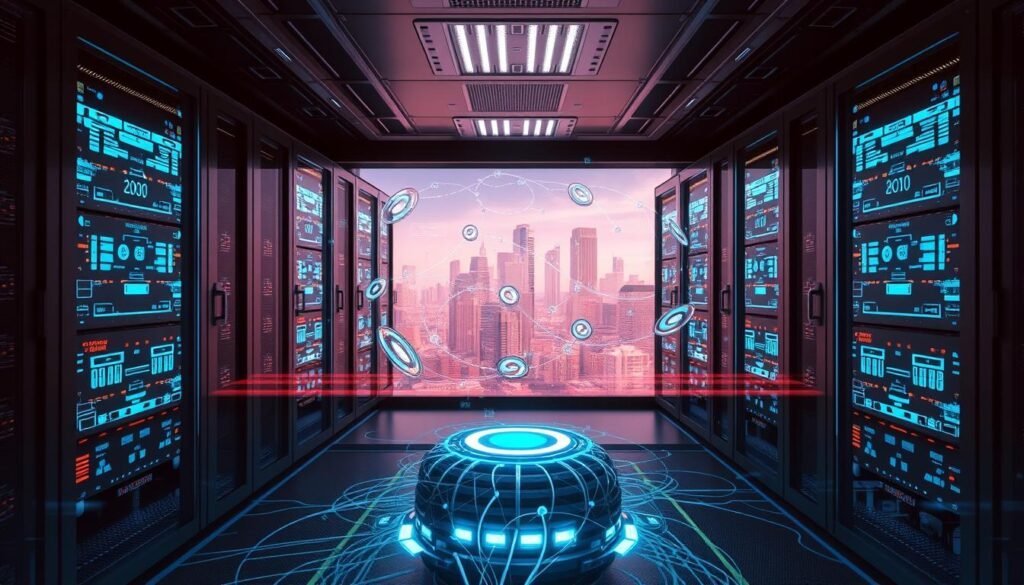 A sleek, futuristic data center with glowing holographic displays showcasing optimized data transmission. The foreground features a central hub with interconnected cables and servers, bathed in a cool, neon-tinged lighting. In the middle ground, algorithms and data visualizations swirl around, representing the intricate processes of data optimization. The background depicts a cityscape of towering skyscrapers, symbolizing the vast reach and scale of modern communication networks. The overall scene conveys a sense of technological sophistication, efficiency, and the seamless integration of complex systems, perfectly suited to illustrate the "Design Strategies for Reliable Data Transmission" section of the article.