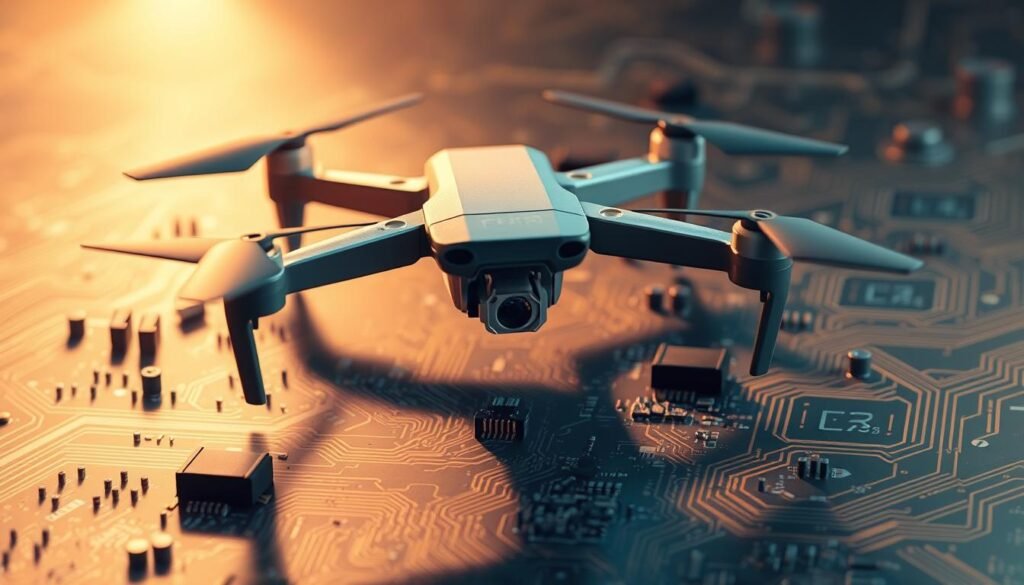 A sleek, futuristic drone hovers above a complex circuit board, its sensors fused with an intricate FPGA. The board's intricate pathways and components are illuminated by a warm, technical glow, casting dynamic shadows across the scene. In the background, a stylized 3D rendering of a drone's flight path visualizes the advanced processing and control algorithms running on the FPGA. The composition emphasizes the seamless integration of cutting-edge hardware and software, highlighting the role of FPGAs in enabling high-performance, responsive drone flight control.