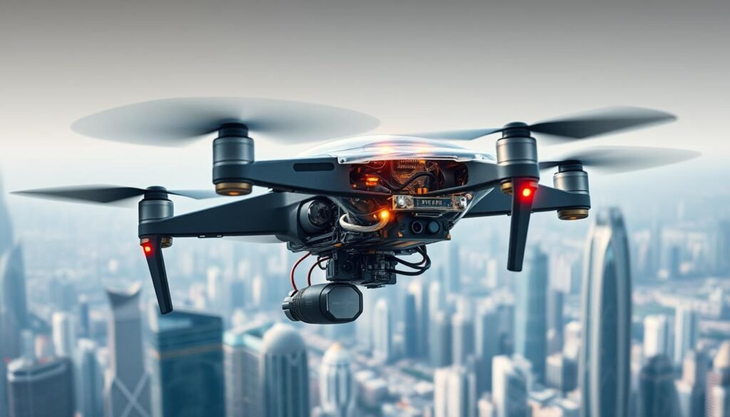 A sleek, high-performance drone hovers gracefully, its intricate FPGA-powered flight controller visible under the transparent shell. The device's intricate circuitry and precision sensors glimmer in the diffused lighting, showcasing the advanced technology that enables its stable, agile maneuverability. In the background, a complex cityscape of towering skyscrapers and dense infrastructure suggests the drone's intended operational environment, where its reliability and responsiveness are paramount. The scene conveys a sense of technological sophistication and the pivotal role FPGAs play in elevating drone flight controllers to new heights of performance and capability.