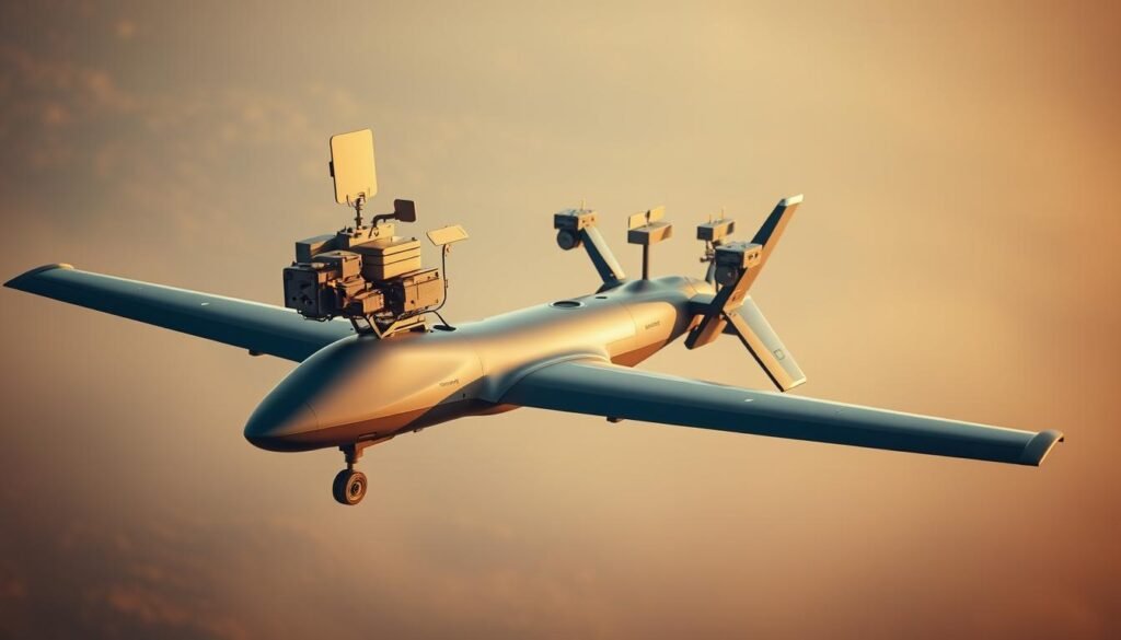 A sleek, high-tech UAV with an advanced multi-antenna configuration, showcasing a diverse array of antennas for reliable long-range control link connectivity. The UAV is captured in a dynamic mid-flight pose, with the antennas elegantly integrated into the airframe's aerodynamic design. The scene is illuminated by a warm, diffused lighting that accentuates the intricate details of the antenna system, including their precise placement, varying sizes, and specialized shapes. The background features a hazy, atmospheric landscape, hinting at the vast range and challenging environments the UAV must operate in, while maintaining a strong, reliable control link.