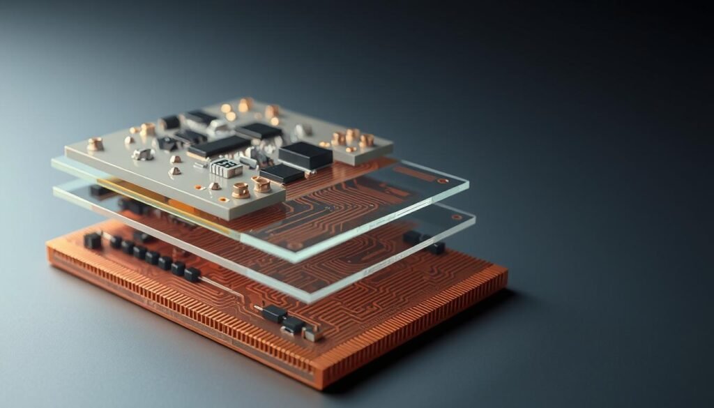 A sleek, high-tech cross-section of a multi-layered printed circuit board, showcasing the unique properties of low dielectric constant materials. The foreground features a detailed, close-up view of the dielectric layers, with their smooth, uniform texture and low-profile components seamlessly integrated. The middle ground reveals the intricate copper trace patterns, precisely etched to enable efficient high-frequency signal transmission. In the background, a subtle gradient backdrop emphasizes the advanced engineering and specialized design required for satellite communication systems, conveying a sense of technical sophistication and reliability. Soft, directional lighting illuminates the scene, highlighting the materials' low-loss characteristics and the board's overall cohesive, streamlined aesthetic.