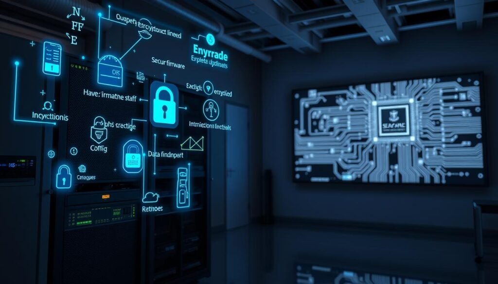 A sleek, high-tech laboratory setting with a server rack and computer hardware in the foreground. Glowing blue and green holograms depicting various encryption algorithms and data security protocols hover above the equipment, illuminating the scene. In the background, a large display screen shows a schematic diagram of a microchip, symbolizing the secure firmware at the heart of the system. Subtle ambient lighting casts dramatic shadows, creating a sense of depth and technical sophistication. The overall impression conveys the robust, multilayered approach to firmware encryption and secure update mechanisms.