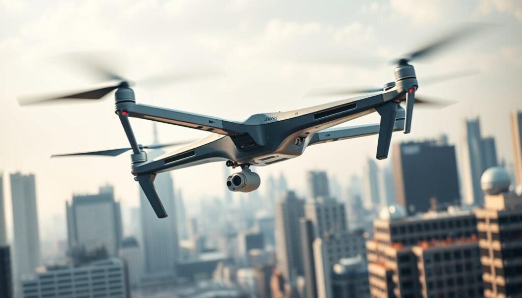 A sleek, high-tech unmanned aerial system (UAS) navigates a complex urban environment, its sensors fusing data from GPS, inertial measurement units, and computer vision algorithms. The UAS hovers gracefully, its carbon fiber frame and advanced avionics gleaming in the soft, diffused lighting. In the background, a city skyline with towering skyscrapers and infrastructure forms a futuristic backdrop, conveying the UAS's advanced navigational capabilities. The scene evokes a sense of precision, efficiency, and technological prowess, perfectly illustrating the "Navigational Capabilities and Sensor Fusion in UAS" section of the article.