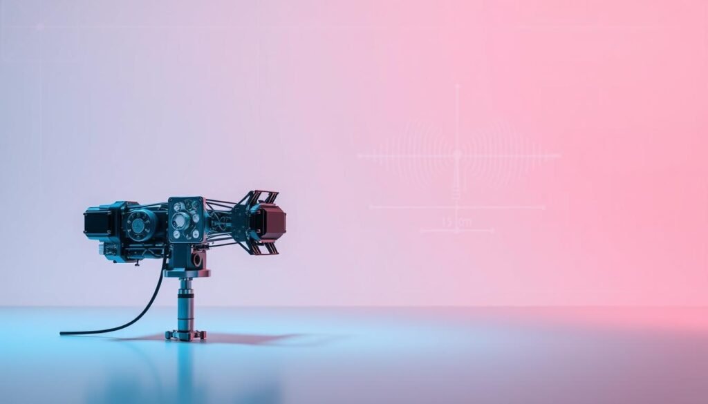 A sleek, modern UAV antenna design against a clean, technical backdrop. In the foreground, a precisely engineered antenna array, its intricate components and streamlined form illuminated by cool, directional lighting. In the middle ground, a minimalist schematic diagram illustrates the antenna's radiation pattern and key performance metrics. The background features a sophisticated, blueprint-style grid, hinting at the antenna's integration within the broader UAV system. The overall composition conveys a sense of sophisticated engineering, cutting-edge technology, and the fundamental principles underlying high-performance UAV communications.