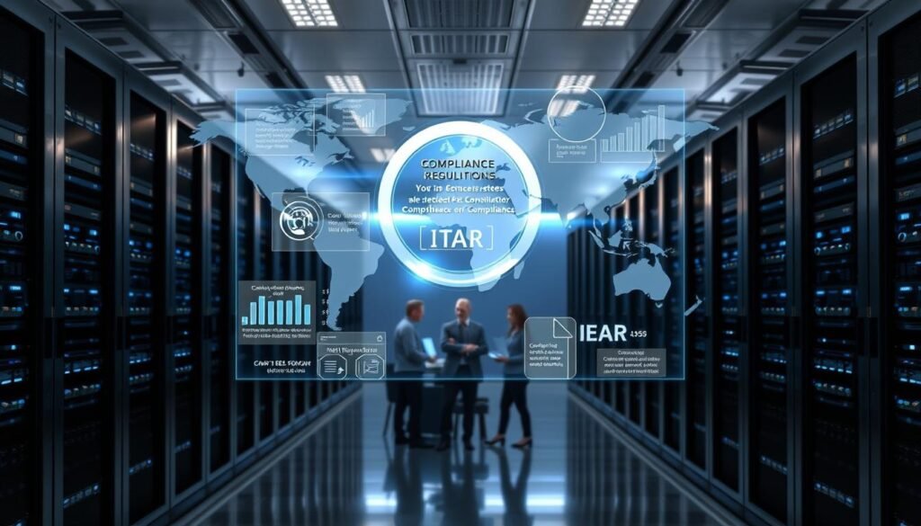 A sleek, modern data center with rows of secure server racks, illuminated by soft, indirect lighting. In the foreground, a holographic display showcases compliance regulations and security protocols, with data visualization dashboards and analytical graphs. In the middle ground, a team of IT professionals monitor the systems, discussing strategies to maintain ITAR and EAR compliance. The background features a stylized world map, emphasizing the global nature of data security challenges. The overall atmosphere conveys a sense of professionalism, technological sophistication, and a proactive approach to navigating complex regulatory environments. A sleek, modern data center with rows of secure server racks, illuminated by soft, indirect lighting. In the foreground, a holographic display showcases compliance regulations and security protocols, with data visualization dashboards and analytical graphs. In the middle ground, a team of IT professionals monitor the systems, discussing strategies to maintain ITAR and EAR compliance. The background features a stylized world map, emphasizing the global nature of data security challenges. The overall atmosphere conveys a sense of professionalism, technological sophistication, and a proactive approach to navigating complex regulatory environments.