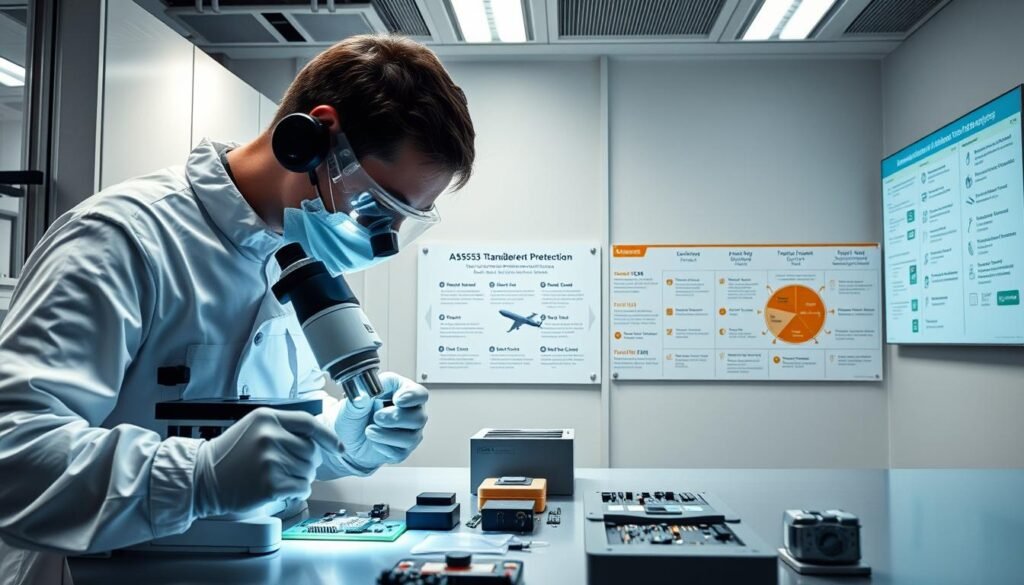 A sleek, modern laboratory setting with advanced equipment and secure storage solutions. In the foreground, a technician in a clean-room suit meticulously inspects electronic components under a high-powered microscope, searching for signs of counterfeiting. The middle ground showcases secure, tamper-evident packaging and state-of-the-art authentication technologies. In the background, a wall-mounted display presents a detailed schematic of the AS5553 standards for counterfeit prevention, illuminating the comprehensive approach to safeguarding the aerospace supply chain. Soft, directional lighting casts an air of professionalism and diligence, reinforcing the importance of these strategies in maintaining quality and integrity.