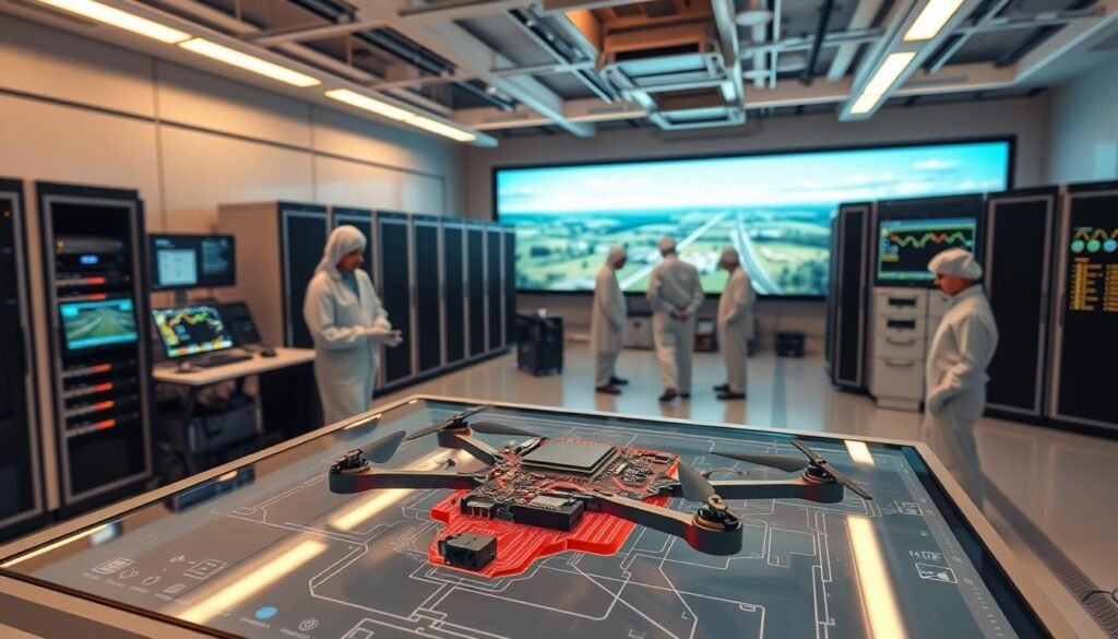 A sleek, modern laboratory setting with an array of cutting-edge drone PCBA simulation tools and equipment. In the foreground, a high-resolution 3D model of a drone PCBA is displayed on a large, interactive touchscreen monitor, allowing for detailed analysis and testing. In the middle ground, several technicians in clean-room attire are carefully examining the PCBA, using specialized diagnostic tools and software. The background features rows of server racks, data visualization screens, and a panoramic window overlooking a simulated drone flight course. Warm, indirect lighting creates a professional, focused atmosphere, while the overall scene conveys a sense of precision, innovation, and dedication to the process of testing drone PCBAs in a controlled, simulated environment.