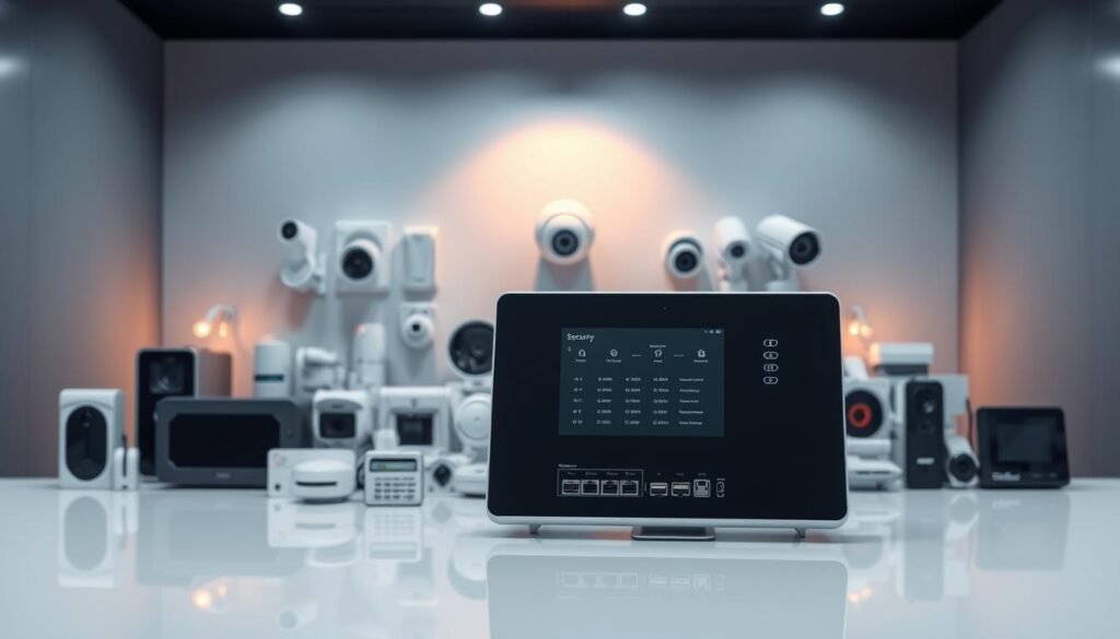 A sleek, modern security system control panel is displayed prominently in the foreground, showcasing its intuitive touchscreen interface and array of input/output ports. In the middle ground, various security sensors and cameras are neatly arranged, including motion detectors, infrared cameras, and network-connected devices. The background depicts a clean, minimalist environment with subtle lighting fixtures casting a warm glow, creating a sense of sophistication and reliability. The overall composition conveys the impression of a high-performance, 24/7 security system designed for seamless integration and effortless operation.