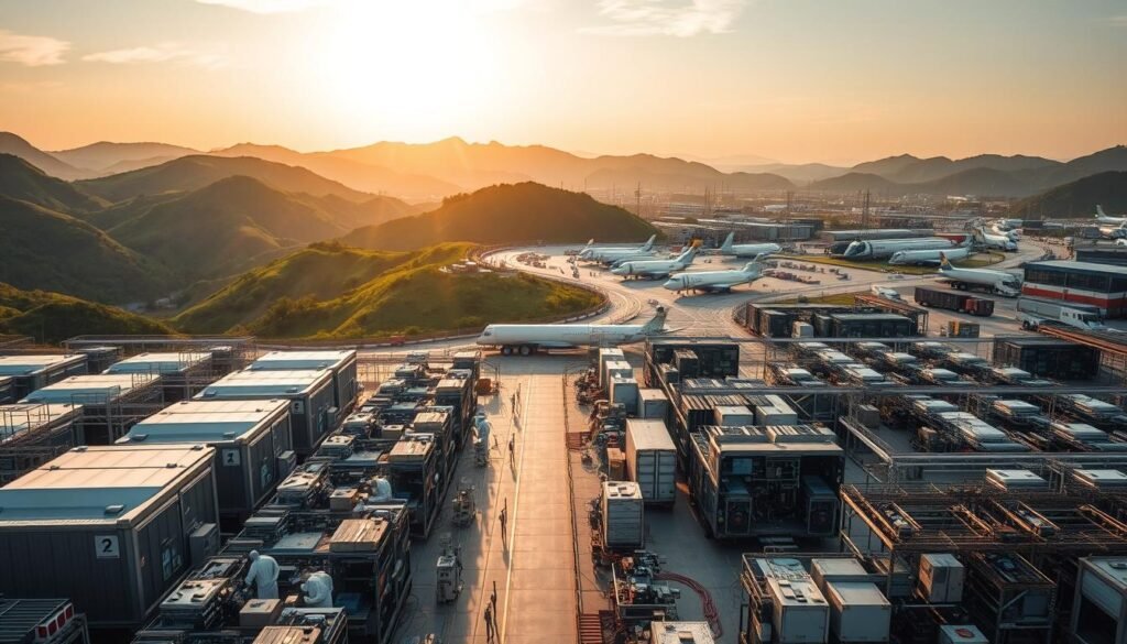A sprawling electronics factory nestled amid verdant hills, its sleek metallic structures reflecting the warm glow of the afternoon sun. In the foreground, workers in clean-room suits meticulously assemble circuit boards, their movements choreographed to the rhythm of quality control checklists. The middle ground showcases rows of automated testing stations, their display panels flickering with data streams, ensuring every component meets stringent compliance standards. In the background, a network of suppliers and logistics hubs converge, their transport vehicles navigating a complex web of regulations and certifications, safeguarding the integrity of the aerospace electronics supply chain. A sprawling electronics factory nestled amid verdant hills, its sleek metallic structures reflecting the warm glow of the afternoon sun. In the foreground, workers in clean-room suits meticulously assemble circuit boards, their movements choreographed to the rhythm of quality control checklists. The middle ground showcases rows of automated testing stations, their display panels flickering with data streams, ensuring every component meets stringent compliance standards. In the background, a network of suppliers and logistics hubs converge, their transport vehicles navigating a complex web of regulations and certifications, safeguarding the integrity of the aerospace electronics supply chain.