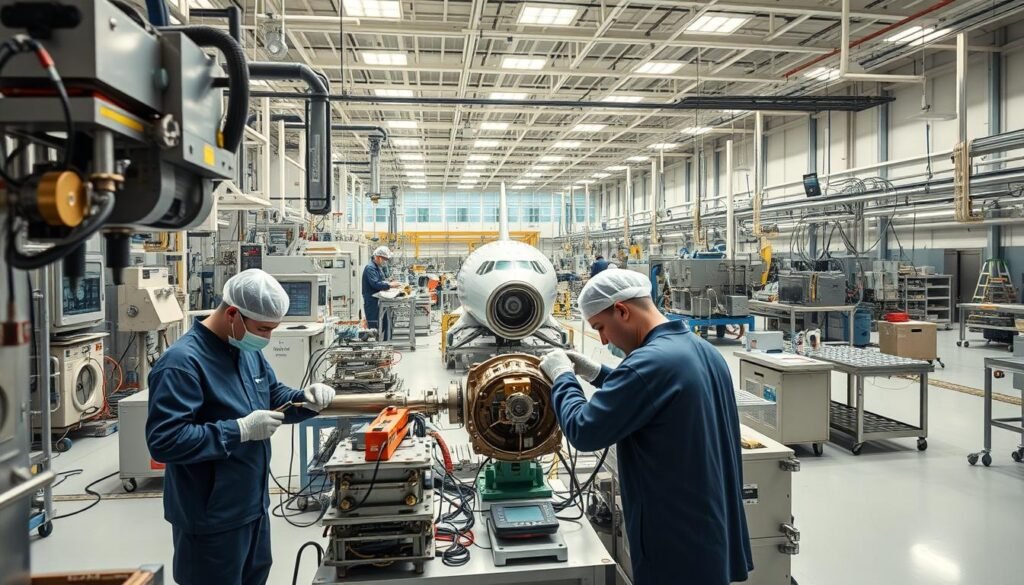 A state-of-the-art aerospace manufacturing facility, filled with precision machinery and skilled technicians. In the foreground, a team of engineers carefully assemble a critical component, using specialized high-temperature soldering tools. The middle ground showcases the intricate assembly process, with various jigs, fixtures, and quality control stations. In the background, a vast, well-lit clean room setting with gleaming stainless steel surfaces and a sense of technical excellence. The lighting is bright, with a warm, slightly yellowish hue, reflecting the high-temperature nature of the soldering work. The overall atmosphere conveys a sense of meticulous attention to detail, cutting-edge technology, and the critical importance of the aerospace application.