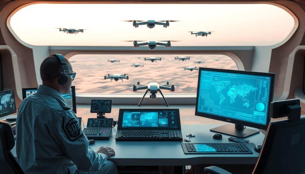 A state-of-the-art ground control station with a sleek, modern interface. In the foreground, a technician intently monitors a holographic display showcasing real-time drone telemetry and sensor data. Surrounding them, a tightly integrated array of control panels, touchscreens, and specialized input devices. The middle ground features a panoramic window, revealing a fleet of advanced drones seamlessly communicating via secure data links, their movements precisely choreographed. In the background, a minimalist, high-tech environment with clean lines, subtle ambient lighting, and a sense of technological sophistication. The overall scene conveys the cutting edge of modern drone communication and control, supporting mission-critical operations with seamless efficiency. A state-of-the-art ground control station with a sleek, modern interface. In the foreground, a technician intently monitors a holographic display showcasing real-time drone telemetry and sensor data. Surrounding them, a tightly integrated array of control panels, touchscreens, and specialized input devices. The middle ground features a panoramic window, revealing a fleet of advanced drones seamlessly communicating via secure data links, their movements precisely choreographed. In the background, a minimalist, high-tech environment with clean lines, subtle ambient lighting, and a sense of technological sophistication. The overall scene conveys the cutting edge of modern drone communication and control, supporting mission-critical operations with seamless efficiency.