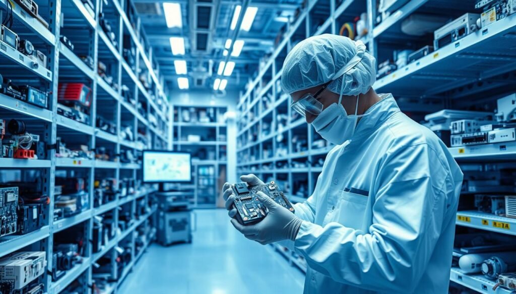 A sterile, hyper-organized warehouse interior, bathed in cool blue-white lighting. Rows of shelves hold a diverse array of space-grade electronic components - circuit boards, sensors, connectors, and more. In the foreground, a technician in a clean-room suit meticulously inspects a delicate assembly, mindful of handling procedures. The background reveals a computer terminal displaying schematics and inventory data, underscoring the precision and control required to manage this critical supply chain. An atmosphere of quiet efficiency and technological mastery pervades the scene.