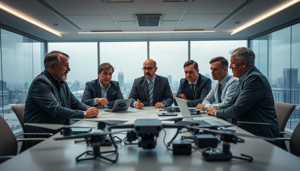 A team of drone engineers and FAA officials discussing flight plans and safety protocols in a sleek, modern conference room. Bright overhead lighting illuminates a large table with schematics, laptops, and various drone components. The backdrop features a large window overlooking a cityscape, hinting at the real-world applications of this collaborative effort. Serious expressions on the faces of the participants convey the gravity of the FAA certification process. Subtle use of depth of field and cinematic angles emphasize the importance of this milestone partnership.