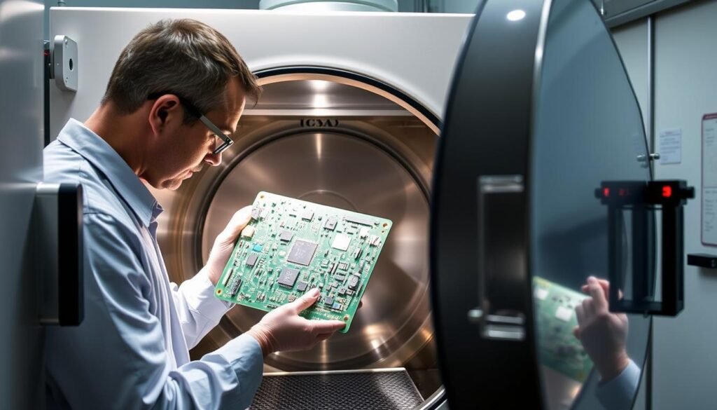 A technician carefully inspects a printed circuit board (PCB) inside a large, industrial-grade vacuum chamber. The PCB is illuminated by bright, directional lighting, casting sharp shadows that reveal its intricate layout and components. The chamber's glass viewport provides a clear view of the test setup, showcasing the precise instrumentation and monitoring equipment used to measure outgassing and other performance metrics under the simulated vacuum conditions. The room is tidy and orderly, with a sense of focused professionalism, underscoring the importance of this critical testing process for ensuring the reliability of PCBAs destined for use in demanding vacuum environments. A technician carefully inspects a printed circuit board (PCB) inside a large, industrial-grade vacuum chamber. The PCB is illuminated by bright, directional lighting, casting sharp shadows that reveal its intricate layout and components. The chamber's glass viewport provides a clear view of the test setup, showcasing the precise instrumentation and monitoring equipment used to measure outgassing and other performance metrics under the simulated vacuum conditions. The room is tidy and orderly, with a sense of focused professionalism, underscoring the importance of this critical testing process for ensuring the reliability of PCBAs destined for use in demanding vacuum environments.