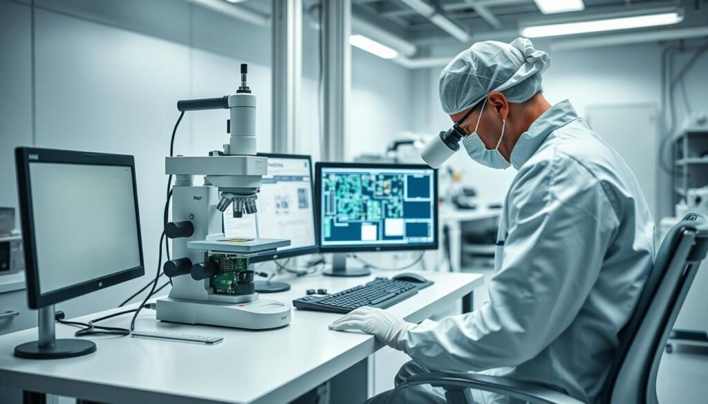 A well-lit aerospace inspection workstation with an ergonomic desk and chair. In the foreground, a technician in a clean-room suit carefully examines a printed circuit board assembly (PCBA) under a high-resolution microscope. The PCBA is positioned on an adjustable inspection platform that allows for precise positioning and control. In the middle ground, the workstation features a large, high-definition display showing schematics and inspection data. The background showcases the clean, organized laboratory environment with state-of-the-art equipment and controlled lighting, ensuring optimal working conditions for meticulous PCBA inspection.