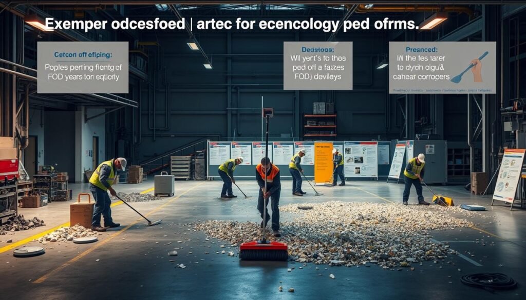 A well-lit, detailed scene showcasing the key steps of a comprehensive FOD prevention program. In the foreground, workers meticulously inspect a work area, checking for any foreign objects or debris. In the middle ground, a team conducts a thorough sweeping operation, systematically clearing the space. In the background, signage and visual aids demonstrate proper FOD identification and handling procedures. The scene conveys a sense of diligence, organization, and a strong commitment to maintaining a safe, debris-free work environment. A well-lit, detailed scene showcasing the key steps of a comprehensive FOD prevention program. In the foreground, workers meticulously inspect a work area, checking for any foreign objects or debris. In the middle ground, a team conducts a thorough sweeping operation, systematically clearing the space. In the background, signage and visual aids demonstrate proper FOD identification and handling procedures. The scene conveys a sense of diligence, organization, and a strong commitment to maintaining a safe, debris-free work environment.