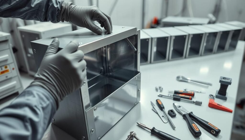 A well-lit, high-angle view of a secure metal box being assembled on a clean workbench. In the foreground, a technician's gloved hands carefully install the lid, securing it with tamper-evident fasteners. The middle ground shows an array of specialized tools, including a torque wrench and security bit drivers. In the background, a series of similar boxes are lined up, conveying a sense of a controlled, methodical production environment. The lighting is bright and even, casting subtle shadows that emphasize the precision of the build process. An atmosphere of diligence and attention to detail pervades the scene, reflecting the importance of securing the hardware during this critical stage.