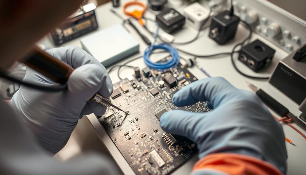 A well-lit, high-angle view of a skilled technician soldering electronic components on a circuit board. The foreground shows the technician's gloved hands carefully applying the soldering iron, with the solder flowing smoothly onto the joints. The middle ground reveals the intricate circuit board layout, with precise component placement and clean, uniform solder connections. The background showcases a professional workbench with specialized tools, equipment, and a pristine, organized workspace, conveying an atmosphere of expertise and attention to detail essential for reliable aerospace-grade soldering assemblies.
