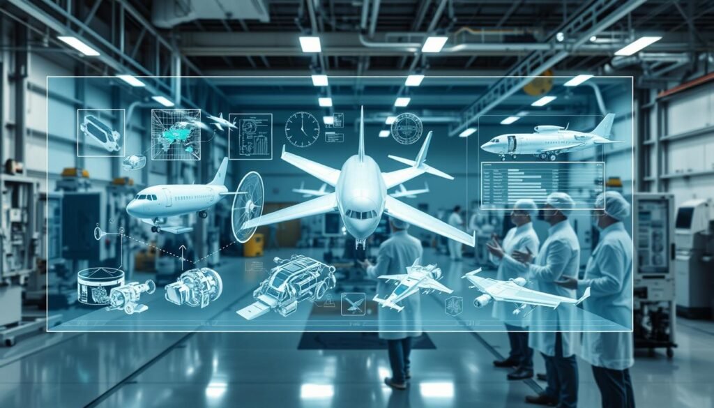An aerospace configuration tracking system displayed on a large holographic display. In the foreground, various engineering schematics and 3D models of aircraft components rotate and shift. In the middle ground, a team of engineers in clean-room attire examines the display, gesturing and discussing the data. The background depicts a high-tech aerospace facility, with sleek machinery, clean lines, and subdued lighting that casts a technical, futuristic atmosphere. The scene conveys the precision, complexity, and collaborative nature of aerospace configuration management, supporting the understanding of its critical role in the industry.