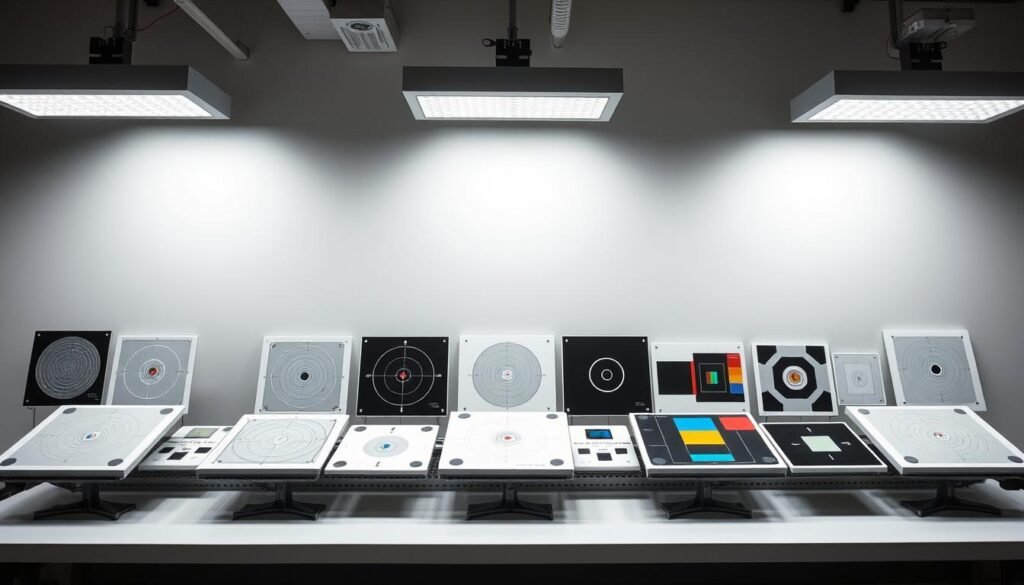 Calibration panels for multispectral cameras, arranged on a clean, well-lit workbench. Precise, uniform targets in various shades of gray, along with color patches and geometric patterns. Diffuse, shadowless lighting from above creates an evenly illuminated scene. High-resolution, high-dynamic-range sensors capture the fine details and subtle tonal variations. Carefully positioned to allow for optimal camera positioning and precise measurement. A technical, scientific atmosphere with a sense of order and attention to detail.