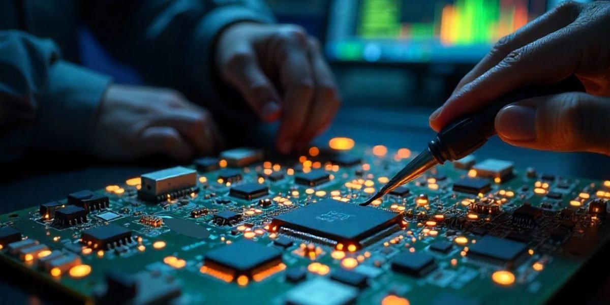 Close-up shot of two engineers working on a glowing printed circuit board (PCB) with a soldering tool.