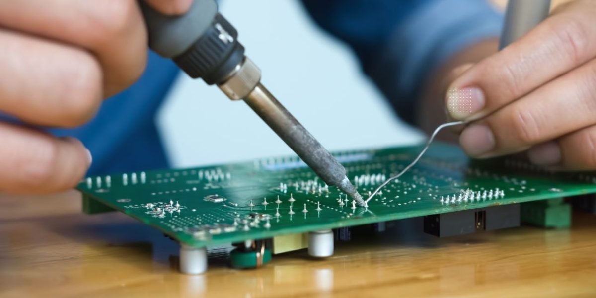 A close-up shot of a person using a soldering iron to attach components to a green printed circuit board (PCB), illustrating the careful process of assembly.